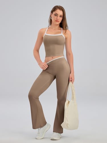 TDIFFUN Women Workout Sets 2 Piece Sleeveless Crop Tank Tops Flare High Waisted Leggings Contrast Trim Gym Yoga Outfits - Kahki, Small — view 2