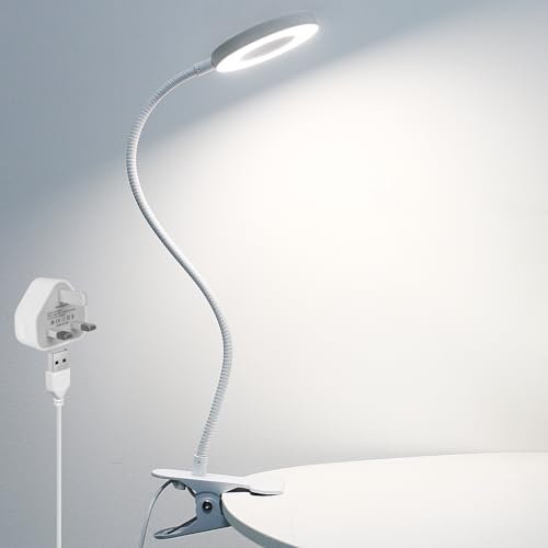 Woputne Desk Clip on Lamp for Reading Office with 5V 2A Adapter 10 Dimmable Brightness 3 Modes Clamp Light for Bed Headboard Bedside Craft (White)