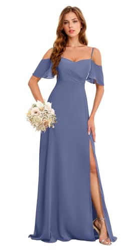 Image of Plus Size Bridesmaid Dresses with Slit Chiffon Bridesmaid Wedding Guest Dresses Formal Evening Gowns for Women US24W HGR93 Stormy Blue