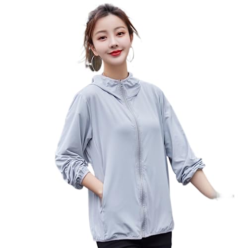 ORDOBO Summer Sun Protection Jacket - Women Thin Outdoor Sun Protection Clothing Ice Silk Shirt Short for Running Hiking Coat Solid Color Casual Outerwear,Grey,3XL
