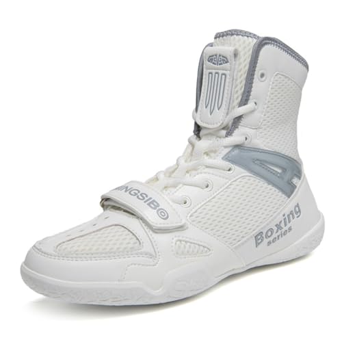 Zapatillas Deportivas De Lucha para Hombre, Zapato De Boxeo Antideslizante, Calzado De Entrenamiento De Lucha De Alto Corte,Blanca,44 EU