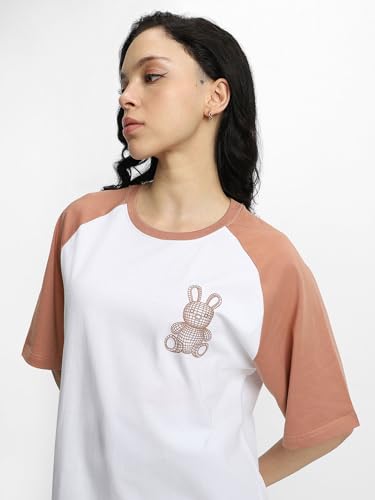 Image of JUNEBERRY 100% Pure Cotton Oversized Baggy Fit Drop Shoulder Round Neck Graphic Printed Raglan Sleeve T-Shirt for Women (Sizes: S to 2XL)