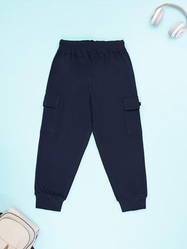 Image of KiddoPanti Boys Cotton Joggers | 100% Cotton Single Jersey | 2 Side Cargo Pockets with Flap | Elasticated Waist Band with Functional Drawcord | Soft & Breathable Track Pants