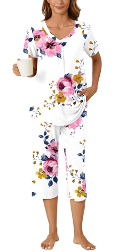 Image of Bestbee Women's Pajama Sets 2 Piece Lounge Outfits Summer Sleepwear V Neck Short Sleeve Capri Pant With Pockets Ladies Pjs