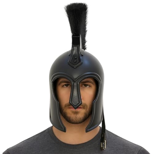 AnNafi® Achilles Troy Helmet Fabled Greek Warrior Helm (Steel) | Medieval Knight Armor Costume | Metal Replicas LARP Reenactment Helm Armour SCA Replica Costumes Men | Black Helmet with Black Plume