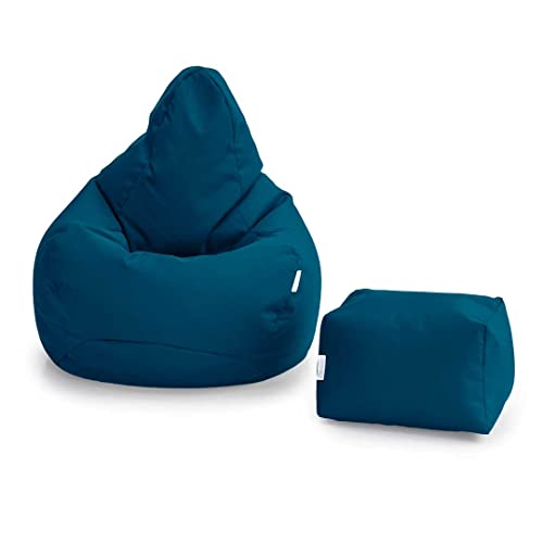 Loft 25 Silla Bean Bag Gamer | Asiento de la Bolsa de Frijoles para Interior y Exterior | Puff Salon Resistente al Agua | Sofa Puff con Relleno Incluido (Bolsa de Frijoles + Taburete, Azul marroquí)