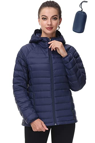 SLOW DOWN Women Lightweight Down Puffer Jacket, Women Hooded Packable Winter Jacket (Navy, XXL)