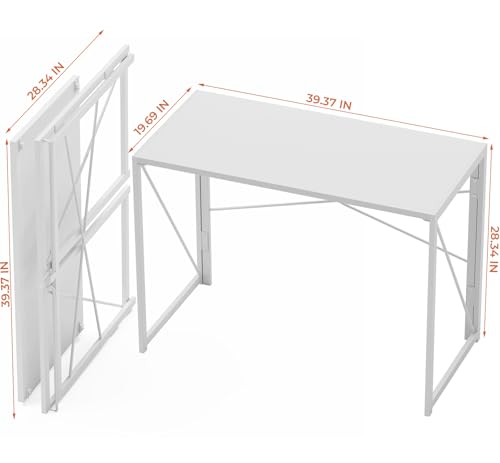 Coavas Small Folding Desk 39.4 inch White Desks, Foldable Computer Desk Spaces Saving Writing Table for Bedroom, Home Office, Dorm, Apartment, Kids