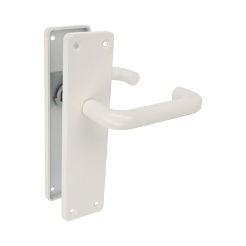 Amig - Juego de dos Manillas con placa - Maneta para puerta de interior o exterior - Material: Aluminio - Color Blanco - Medidas: 222x55x10mm