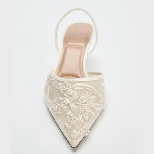 Goolita Beaded Embroidered Slingback Heels for Women, Sexy Pearl Kitten Heels Pointed Closed Toe Mesh Pumps Slip On Party Bridal Shoes for Wedding4