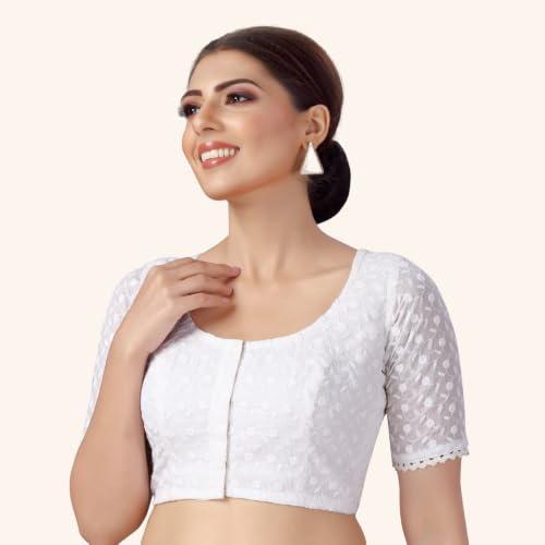Image of Studio Shringaar Women's Cotton Half Sleeves Chikankari Saree Blouse