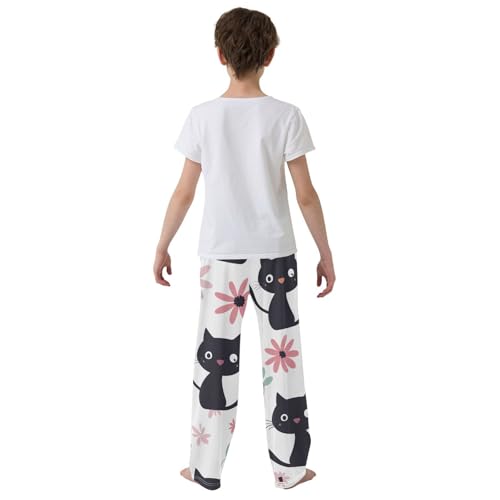Cat Spring Flowers Boys Long Pants Soft Trousers Elastic Waist Kids Lounge Bottoms with Pockets S-XL3