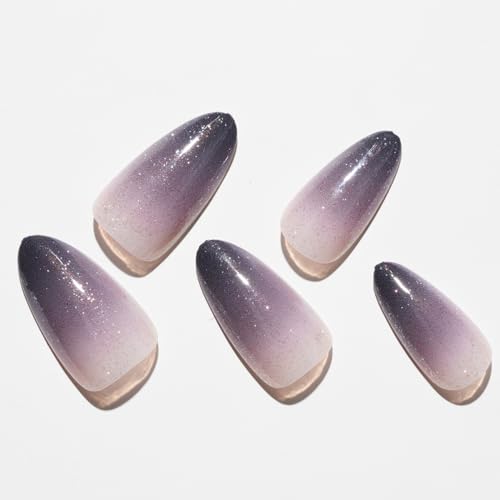 GLAMERMAID Press on Nails Medium Almond, Black Dark Purple Ombre French Tip Glue on Gel Nails, 24Pcs Short Stiletto Acrylic False Nails Kits Reusable UV Finish Full Cover Stick on Nails for Women Gift - Thumbnail 2