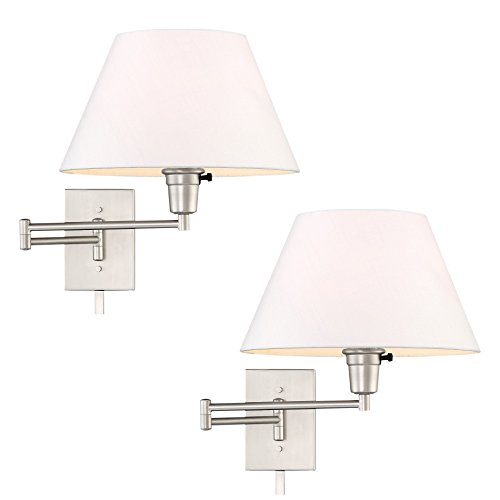 Kira Home Cambridge 13" Swing Arm Wall Lamp - Plug In/Wall Mount + White Fabric Shade, 150W 3-Way + Cord Covers, Satin Nickel Finish, 2-Pack #TOP1