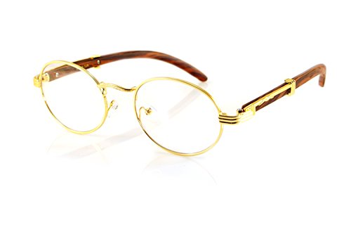FBL Vintage Oval Clear Lens Metal & Wood Feel Eyeglasses A103 (Gold  Brown)