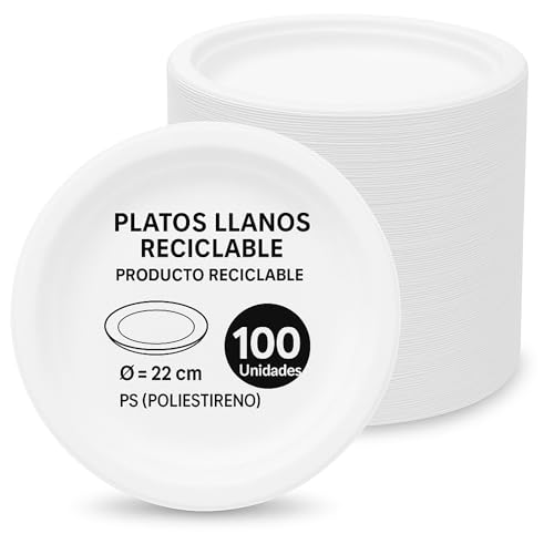 Platos de plástico blancos reutilizables, Plato de plástico llano redondo, apto para alimentos calientes, Platos extra resistentes, Norma UNE-EN-12875-1, Diseño llano diámetro 22 cm, 100 unidades