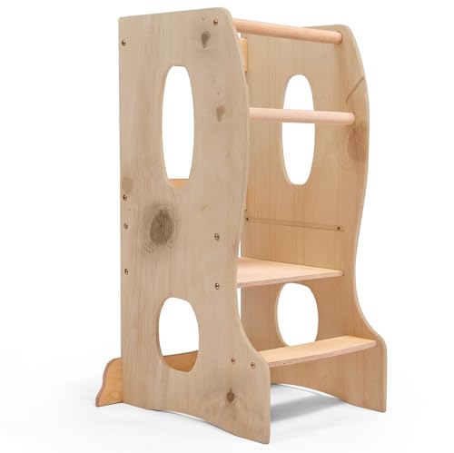 Torre de aprendizaje Montessori – Silla infantil de madera ajustable a partir de 1 año – Torre de aprendizaje segura para cocina, juego y aprendizaje (beige)