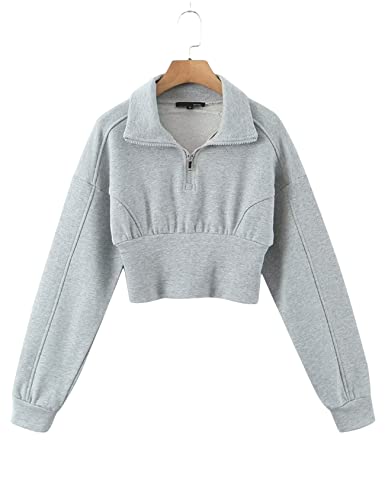 Arssm Women's Half Zip Pullover Long Sleeve Cropped Sweatshirt Ribbed Corset Hems High Neck Sweater Tops(Grey-M) #TOP22