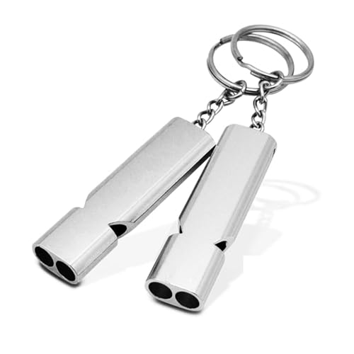 2 Pcs Emergency Survival Whistle, Silver Double Tube Outdoor Survival Whistle Camping Whistle, Metal Survival Whistle Super Loud with Keychain for Camping Survival, Boating, Hiking, Pet Training