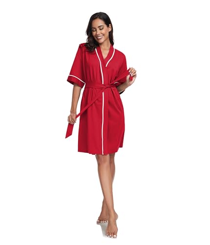 Image of ANLIQI Womens 100% Cotton Robes Lightweight Summer Short Sleeve Lady Bathrobe Knee Length Kimono Robe Sleepwear with Pockets