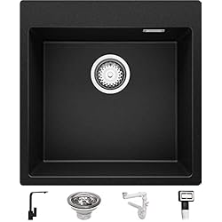 Fregadero 82 X 49 Fregadero Cocina 49 x 50 cm, Fregadero Granito Un Seno + Mezclador de Fregadero + Sifón Clásico, Fregadero Empotrado Oslo 50 XXL de Primagran, Negro