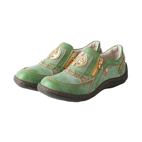 Image of TMA EYES Women's Non-Slip Leather Casual Slip On Comfort Walking Flat Shoes(Green,6)