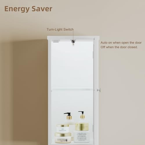 Slim White Bathroom Storage Cabinet with Light and 2 Doors