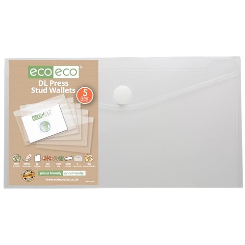 eco-eco DL 95% Recycled Clear Press Stud Popper Wallet, Plastic Folders (Pack of 25), eco156x25, 25 wallets - Image 2