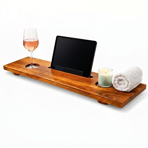 JOLLYMER Teak Bathtub Tray for Tub 40 Solid Teak Wood Bath Caddy Tray with Tablet & Wine Glass Holder Water-Resistant Bath Tub Tray Wood for Spa Bathroom Accessories