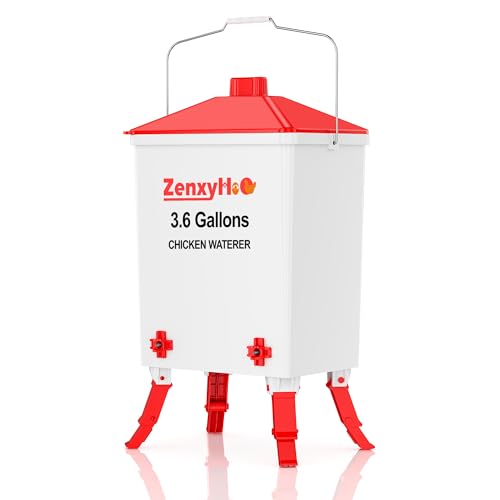 ZenxyHoC 3.6 Gal Chicken Waterer with Anti-Roost Cone 3 Height Adjustable Locking Legs and 4 Horizontal Nipples for Backyard Flock