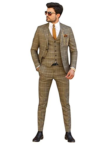 Men's Houndstooth Three-Piece Tuxedos Notch Lapel Two Buttons Suit Jacket Vest & Pants Formal Dinner Prom Business