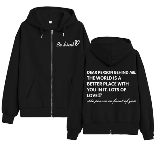 KIEKIECOO Oversized Full Zip Up Hoodies for Women Be Kind Graphic Jacket Light Weight Fall Zipper Sweatshirts Loose Fit Black