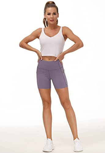 Image of THE GYM PEOPLE High Waist Yoga Shorts for Women's Tummy Control Fitness Athletic Workout Running Shorts with Deep Pockets