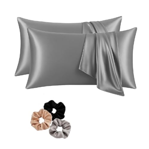 Image of Craftelio Satin Pillow Covers Set of 2 with 3 Free Random Color Hair Scrunchies - Anti-Frizz, Skin-Friendly, Soft & Durable Pillowcase Set for All Hair Types (Gray)