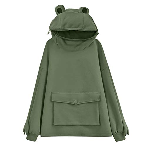 Novelty Frog Hoodie for Women Cute Animal Shape Zip up Hooded Top Sweatshirt (Green, US:10)