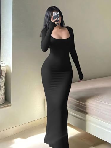 HBQ Women's Bodycon Maxi Dress Long Sleeve Square Neck Lounge Dresses Sexy Night Out Party Dress2