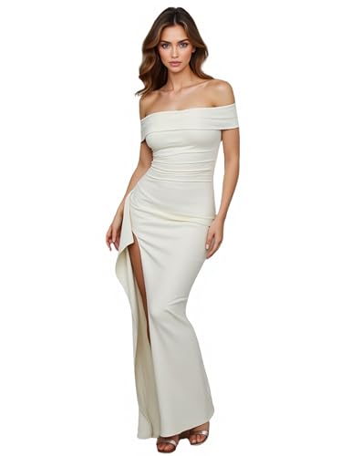 Image of Womens Off Shoulder High Slit Ruffled Side Club Dresses Bodycon Waist Ruched Elegant Floor Dresses