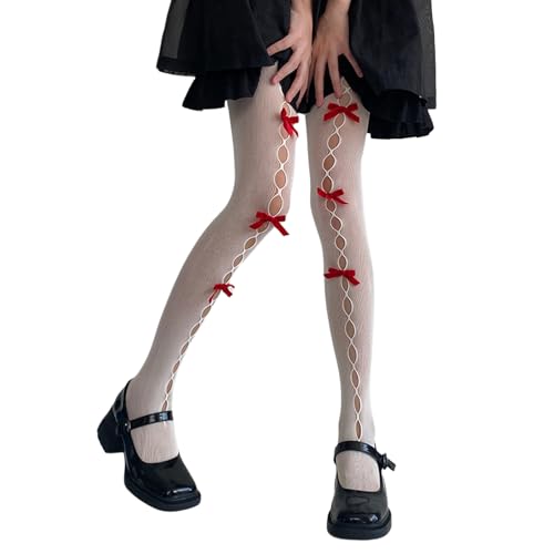 Image of SOLILOQUY Women's Lolita Pattern Tights Kawaii Velvet Bowtie Fishnet Stockings Leggings Mesh Pantyhose Hollow Out lace Socks