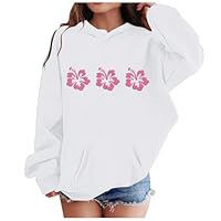 Girls Flower Graphic Hoodie Cotton Soft Lightweight Long Sleeve Jumper Sweatshirts with Pockets Drawstring Kids Oversized School Preppy Casual Hooded Clothes (White, 8-9 Years)