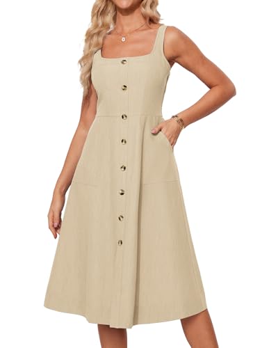 Image of GRACE KARIN Women's Summer Dress 2025 Casual Square Neck Flattering A-Line Button Down Midi Tank Sundress with Pockets
