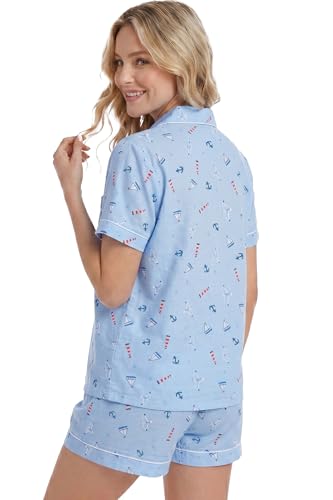 Image of LUBOT 100% Cotton Pajamas for Women 2 Piece PJ Set Button-Down Soft Knit Short Sleeve Summer Sleepwear Loungewear XS-XXL