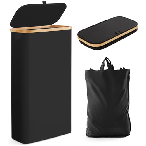 Fiona's magic Slim Laundry Hamper with Lid, 63L Narrow Laundry Basket with Removable Bag, Black Collapsible Dirty Clothes Basket, Thin Tall Storage Basket for Bathroom, Bedroom
