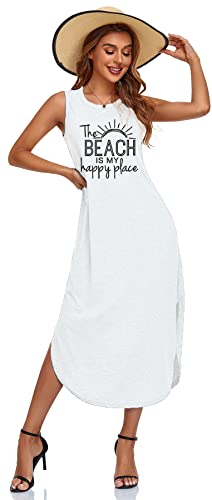 Image of Women's Casual Beach Summer Dresses Sleeveless Graphic Long Sundress Cover Up Dresses with Pocket