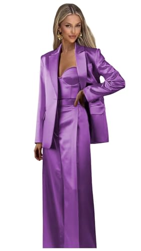 Satin Womens Tuxedo Suit Set 3 Piece 1 Button Pant Suits for Women Casual Notch Lapel Blazer Vest Pants