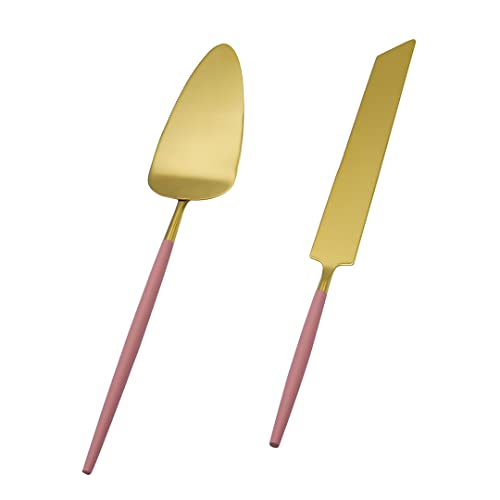 Koyal Wholesale Modern Wedding Cake Knife And Server Set - 2-Piece Gold Cake Cutter & Server With Mauve Handle