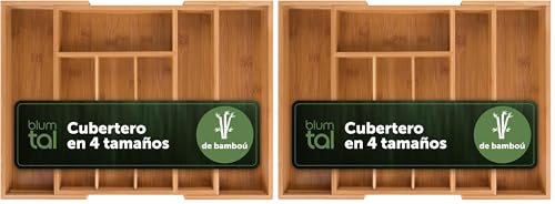 Blumtal Organizador Cubiertos de Bambú - Cuberteros para Cajón Cocina Ajustable - Organizador Cajones Cocina de 5 a 7 Compartimentos - Porta Cubiertos - Mediano (Paquete de 2)