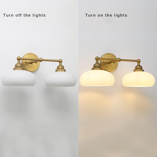 Image of Yosoan 2-Light Brass Boho Vanity Wall Sconce with Milk White Shade, Indoor Mordern Hardwired Vintage Industrial Wall Mounted Gold Single Wall Light for Bedroom Living Room Stairwell Hallway(Antique)
