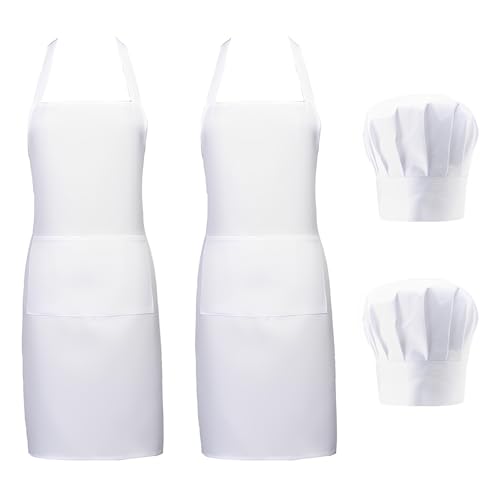 ELYIQI Koch Kostüm, Professionelles 4-teiliges Set mit 2 Schürzen und 2 Mützen, Ideal für Küchenpersonal und Kochkurse, Weiße Ausrüstung für Kochen und Grillen