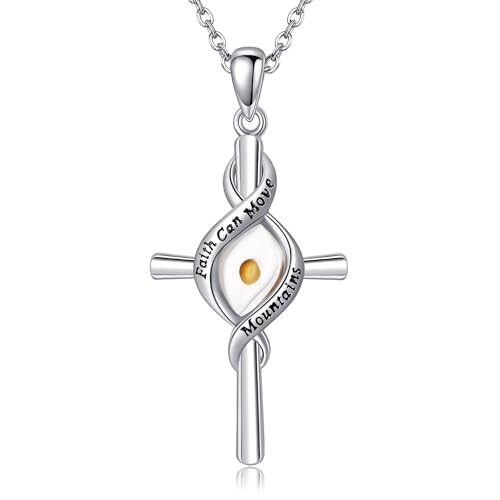 ONEFINITY Mustard Seed Necklace Sterling Silver Mustard Seed Cross Pendant Necklace Faith Can Move Mountains Jewelry for Women Christian Gift