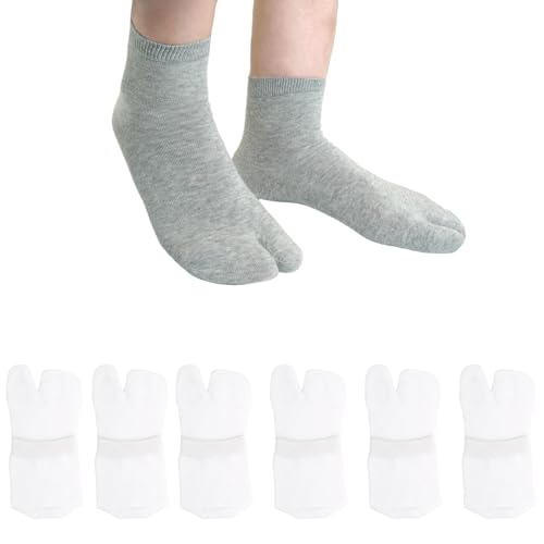 Image of Tabi Socks Athletic Cotton Crew Length Quarter Ankle Two Toe for Women and Men, 6 Pk Black White Gray